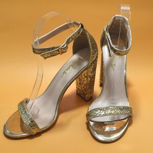 Lulus Taylor Glitter Gold Ankle Strap Heels Size 8 1/2